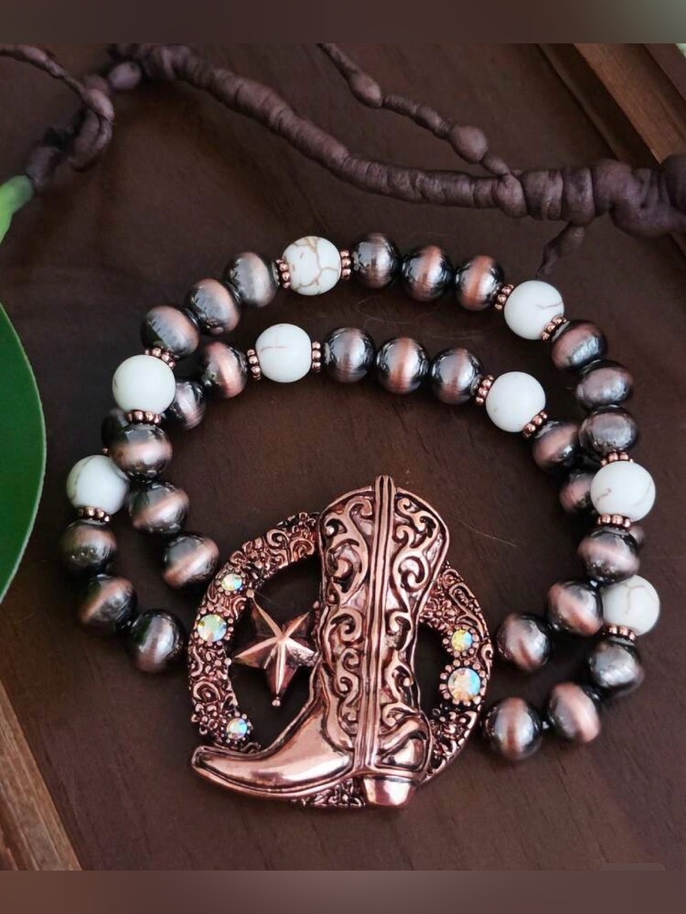 Western Copper Rose Gold Boot Pendant Beaded Bracelet - Women Jewelry